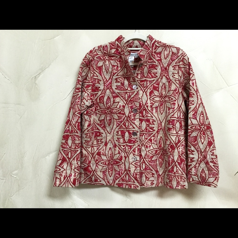 Coldwater Creek Women Size 14 Blazer Jacket Burgundy Tan Button Embroidery